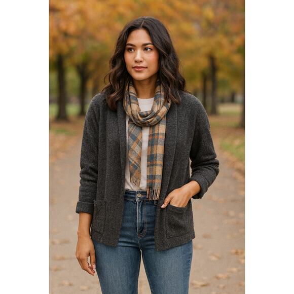 Eileen Fisher Merino Wool Open Cardigan Sweater Gray Pockets Layer One Size Fall - Picture 1 of 10